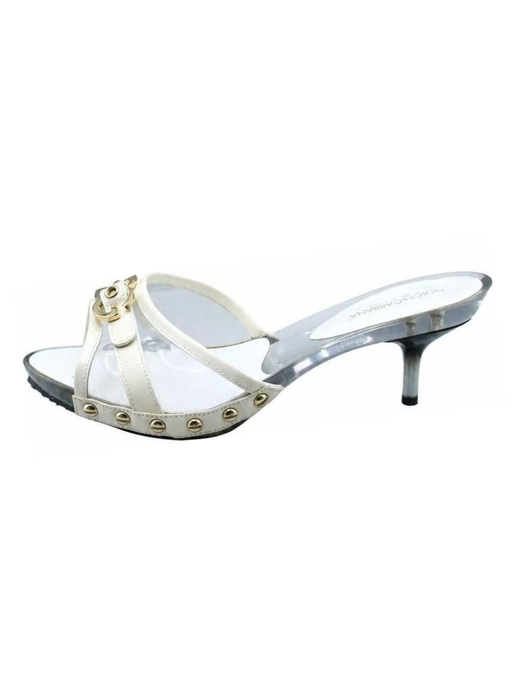 Dolce and Gabbana White Leather Logo Buckle Detail Kitten Heels
