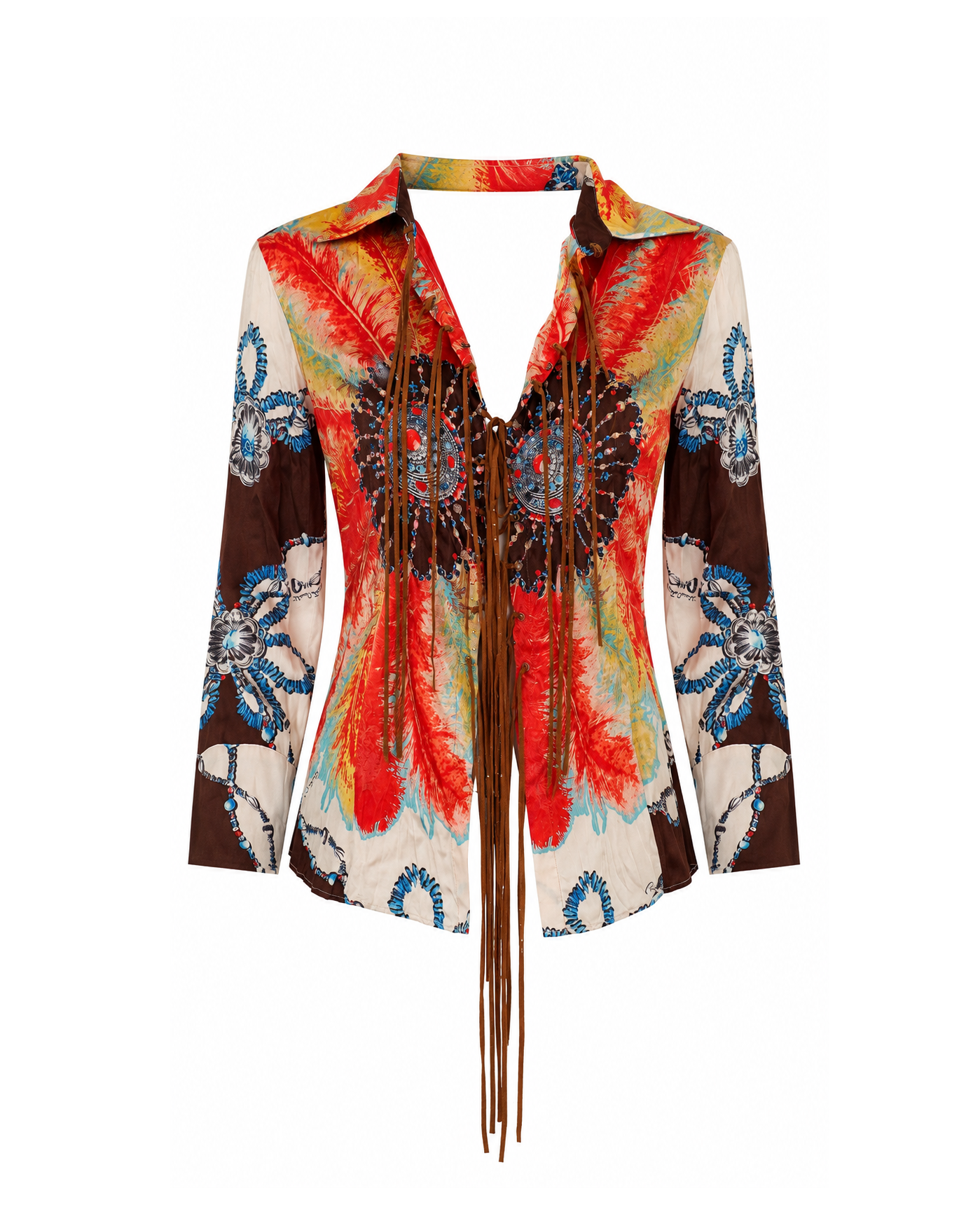 Roberto Cavalli Feather Print Silk Suede Fringe Shirt