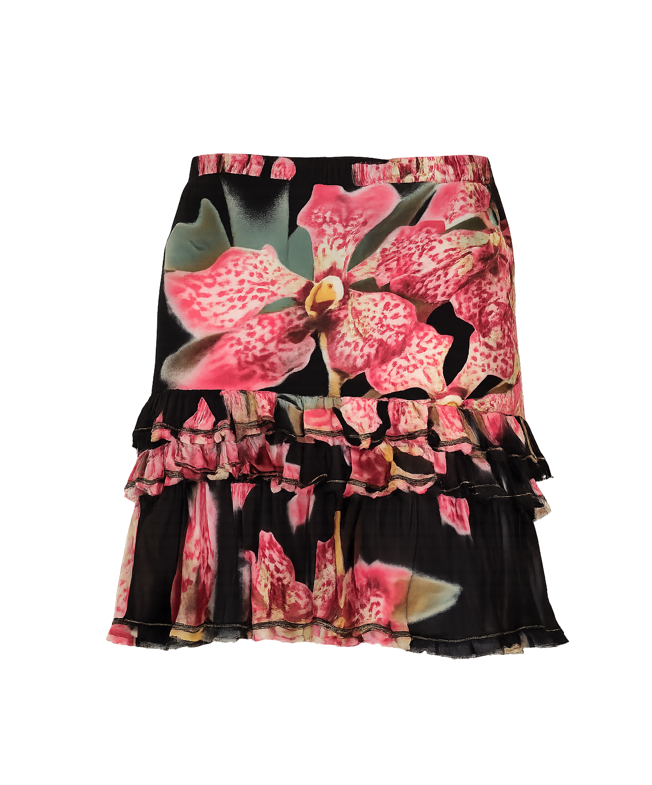 Roberto Cavalli Fw2004 Floral Orchidée Black and Rose Silk Skirt