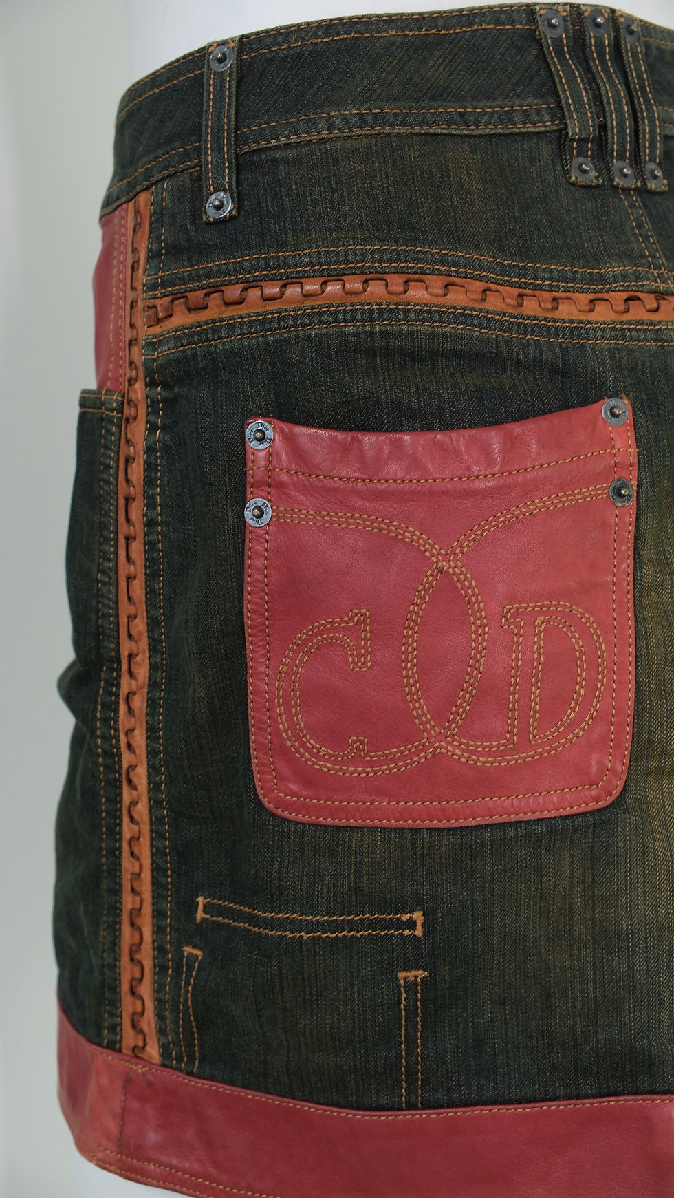 Thumbnail: Dior Denim Leather Skirt Western Cd Logo Pockets Red 2000s