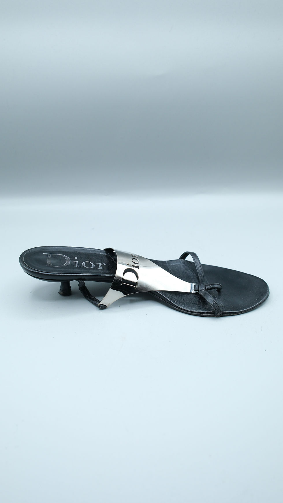 Thumbnail: Dior Black Leather Metal Embellished Kitten Heels