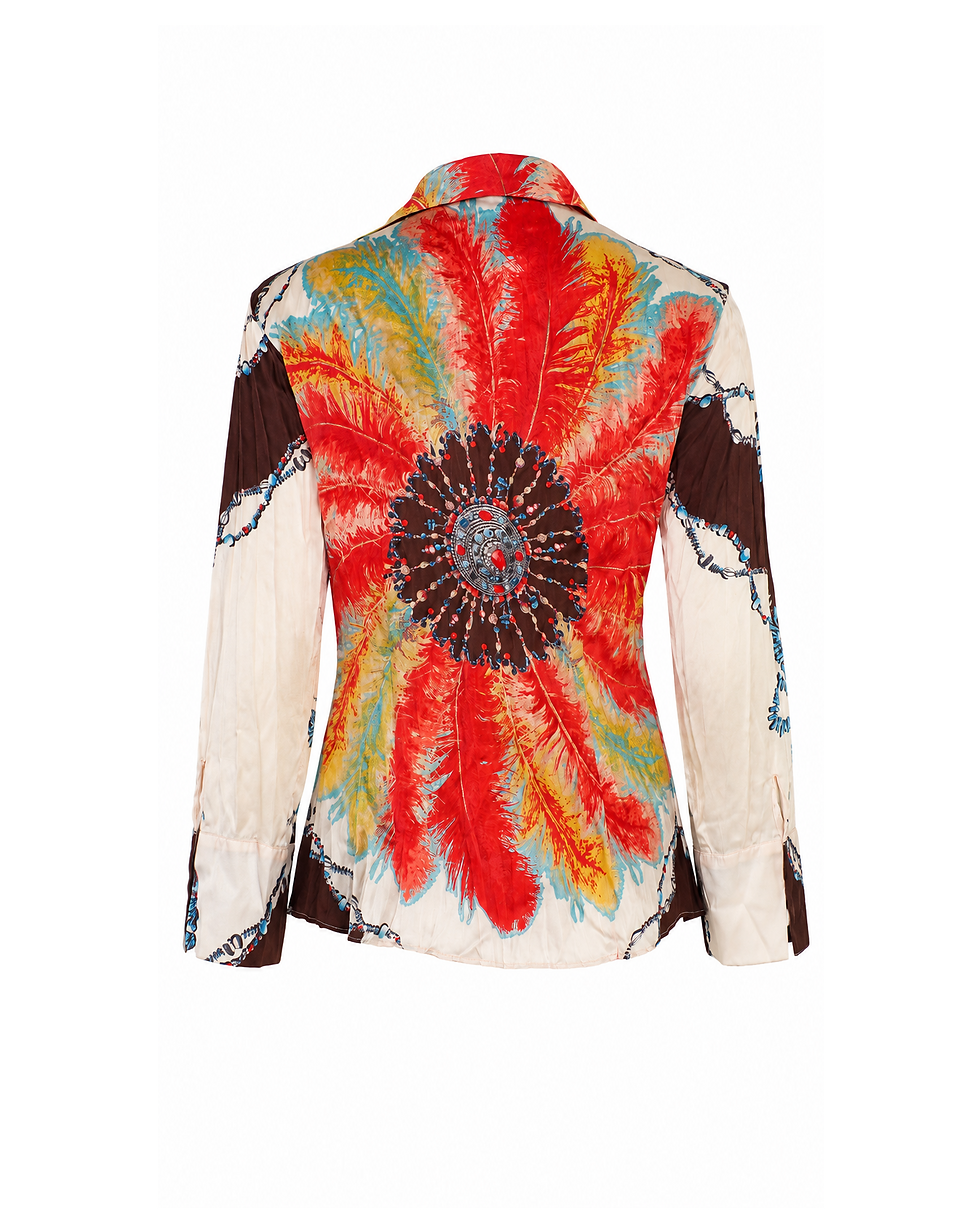 Thumbnail: Roberto Cavalli Feather Print Silk Suede Fringe Shirt