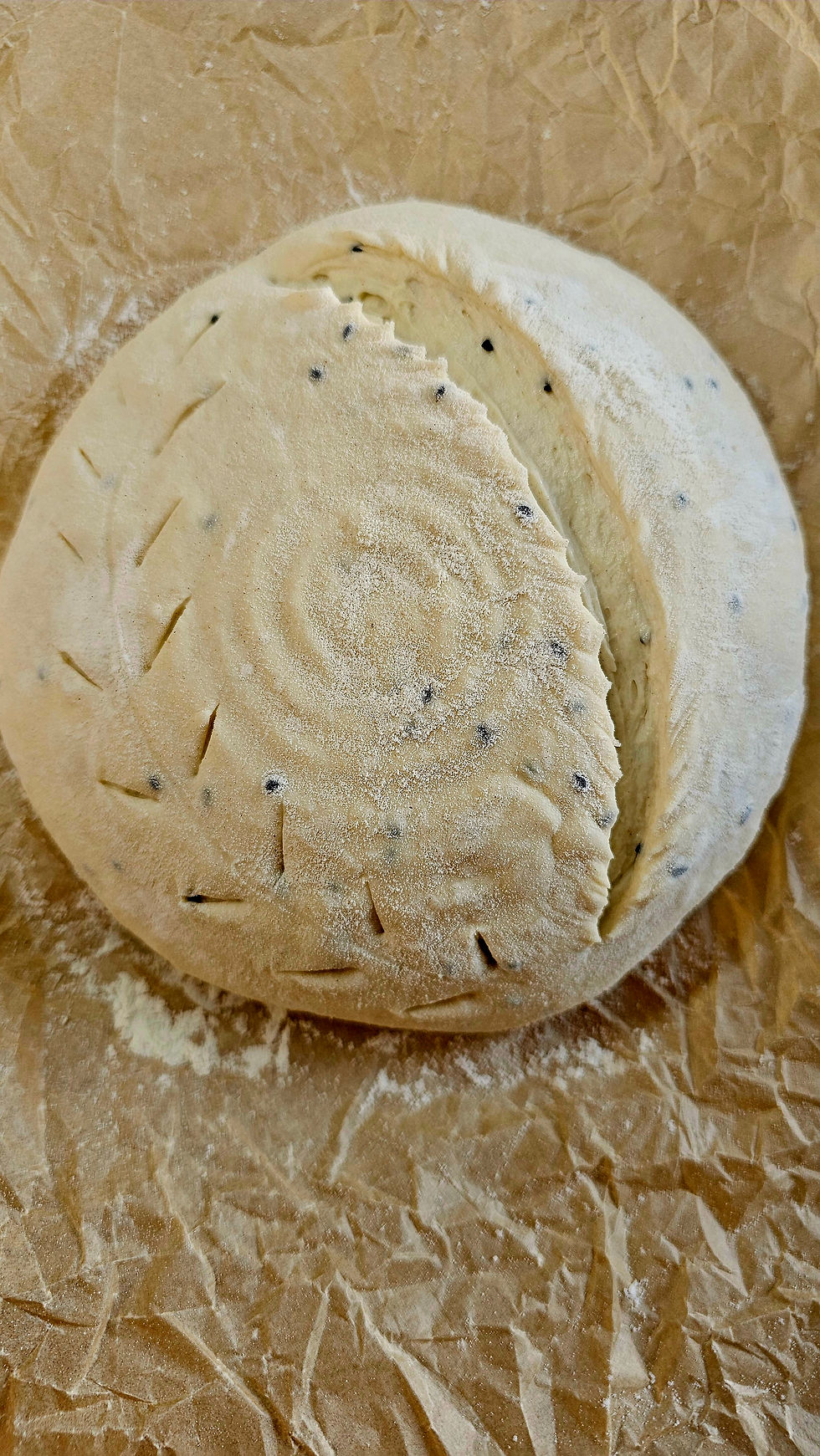 High angle view of a rustic kitchen with sourdough supplies