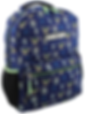 Blue backpack with green accents, featuring a pattern of cartoon characters and helmets. "The Mandalorian" logo is displayed on the front.