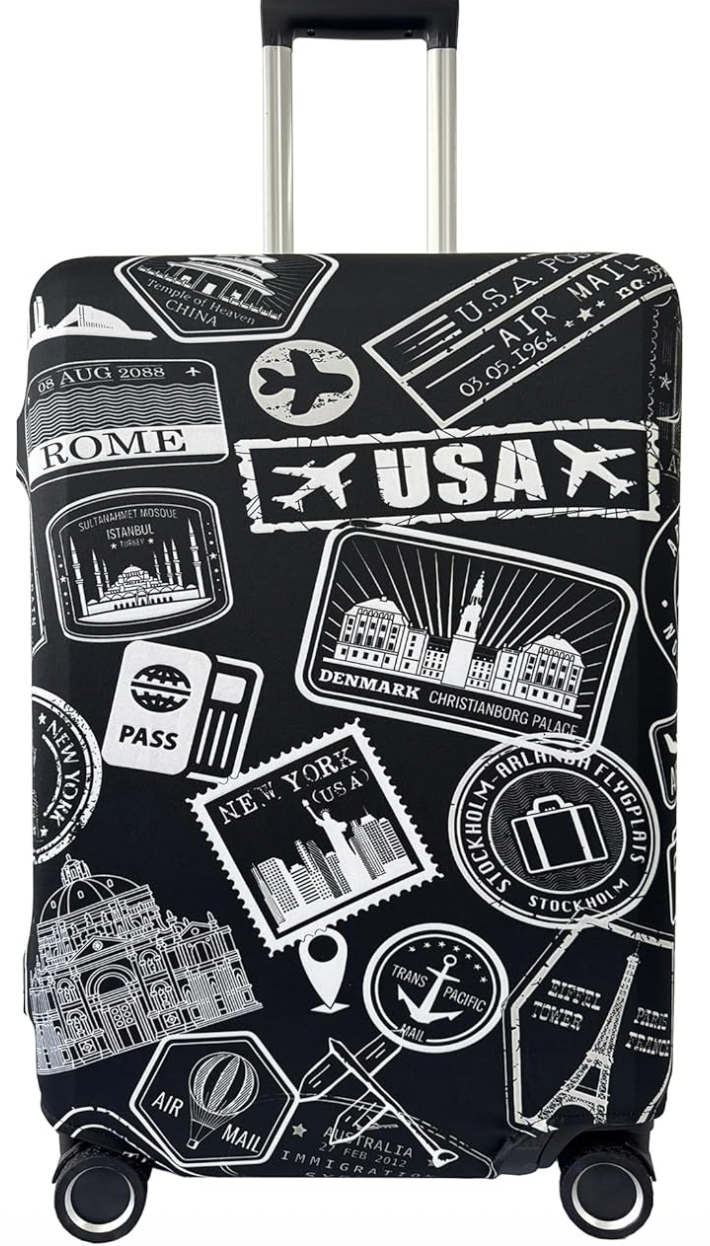 Black suitcase with white travel-themed graphics, featuring stamps and landmarks like USA, Rome, New York, and Paris motifs.