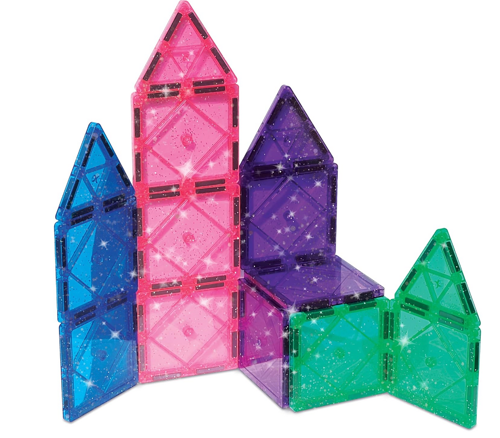 Colorful magnetic tiles in blue, pink, purple, and green form a sparkling castle. The background is white, enhancing the vibrant hues.