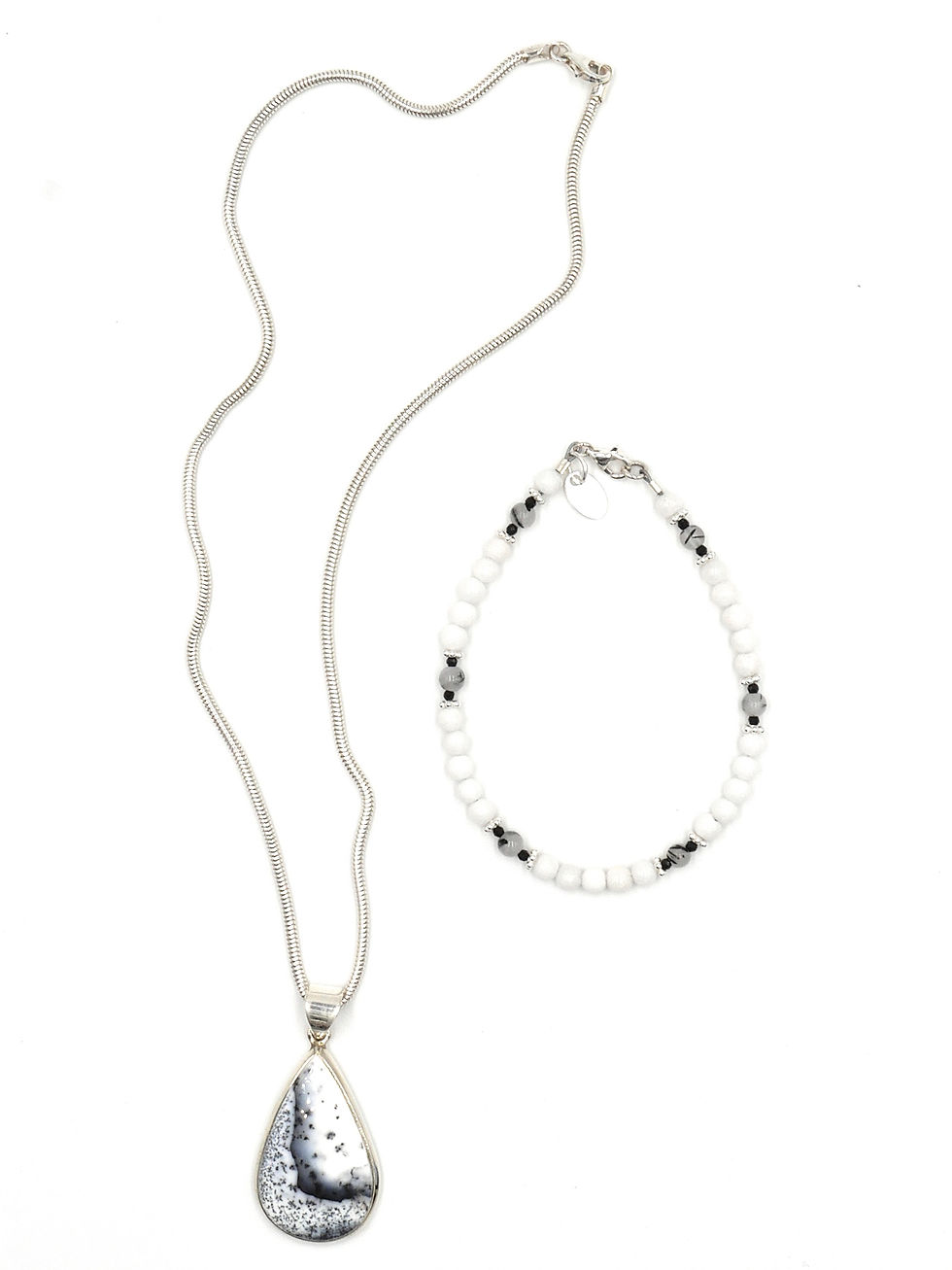 Miniature : Chaînette et pendentif en Agate dendritique avec son bracelet assorti