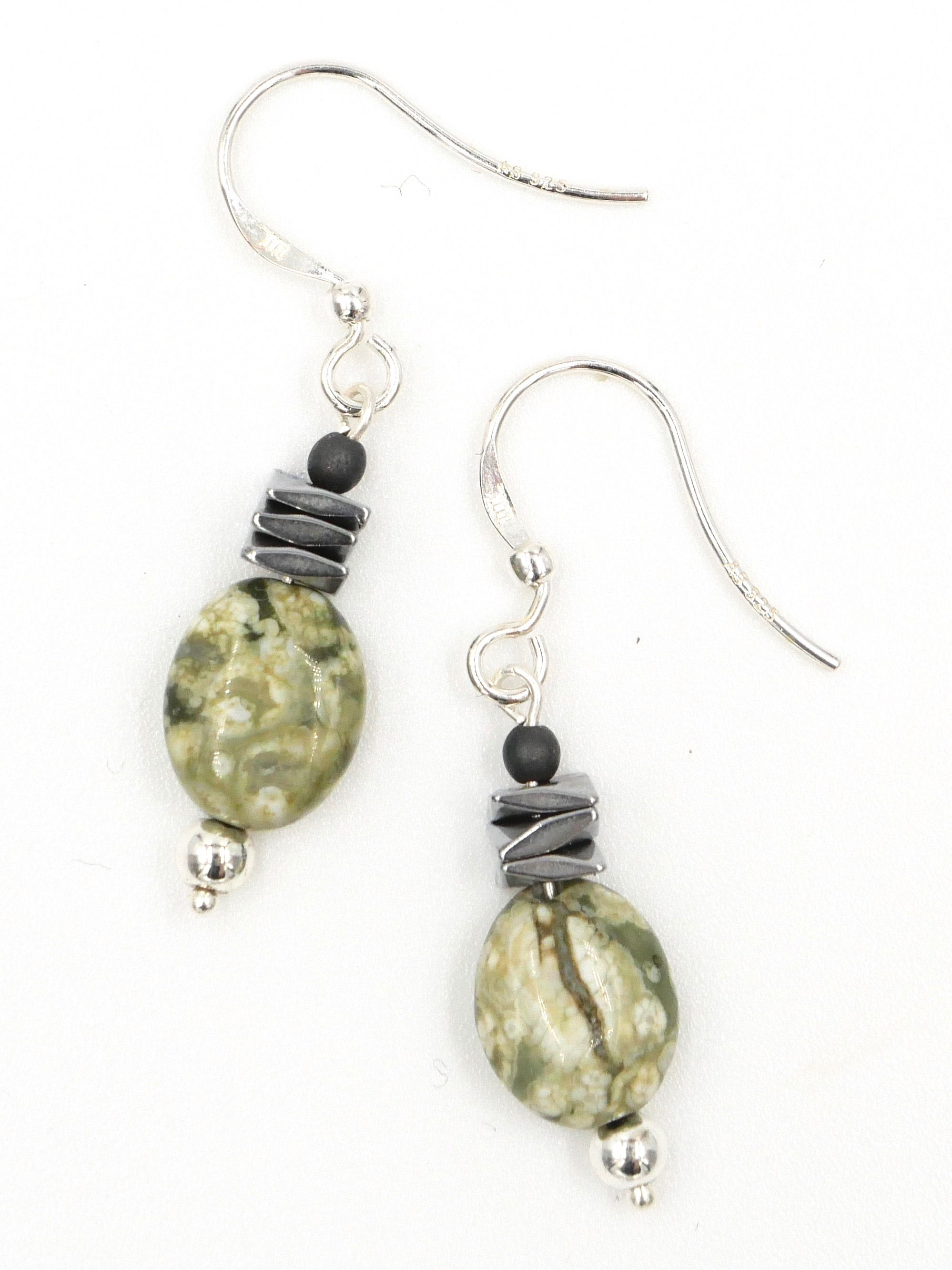 Boucles d'oreilles en Rhyolite, hHématite et Argent 925