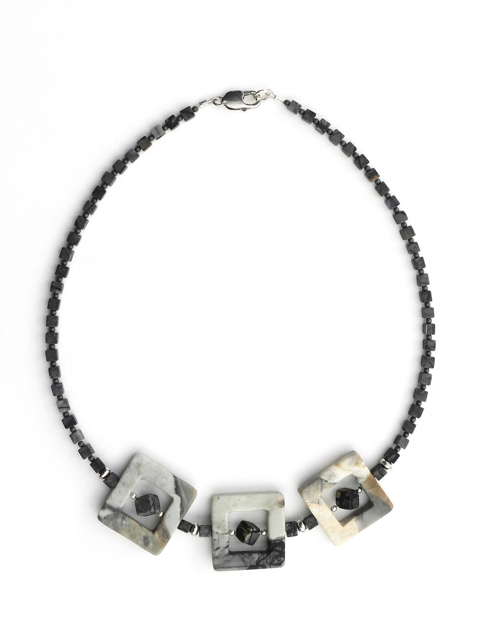 Collier en Jaspe Picasso, Hématite et Argent 925