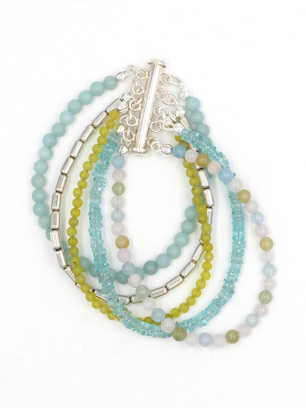 Béryl, Amazonite, Apatite et Serpentine pour ce magnifique bracelet multi-rangs !