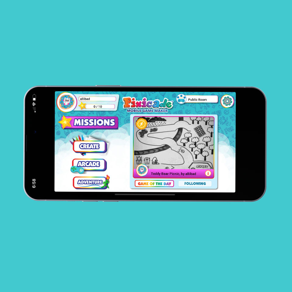 Pixicade app home screen on a smart phone