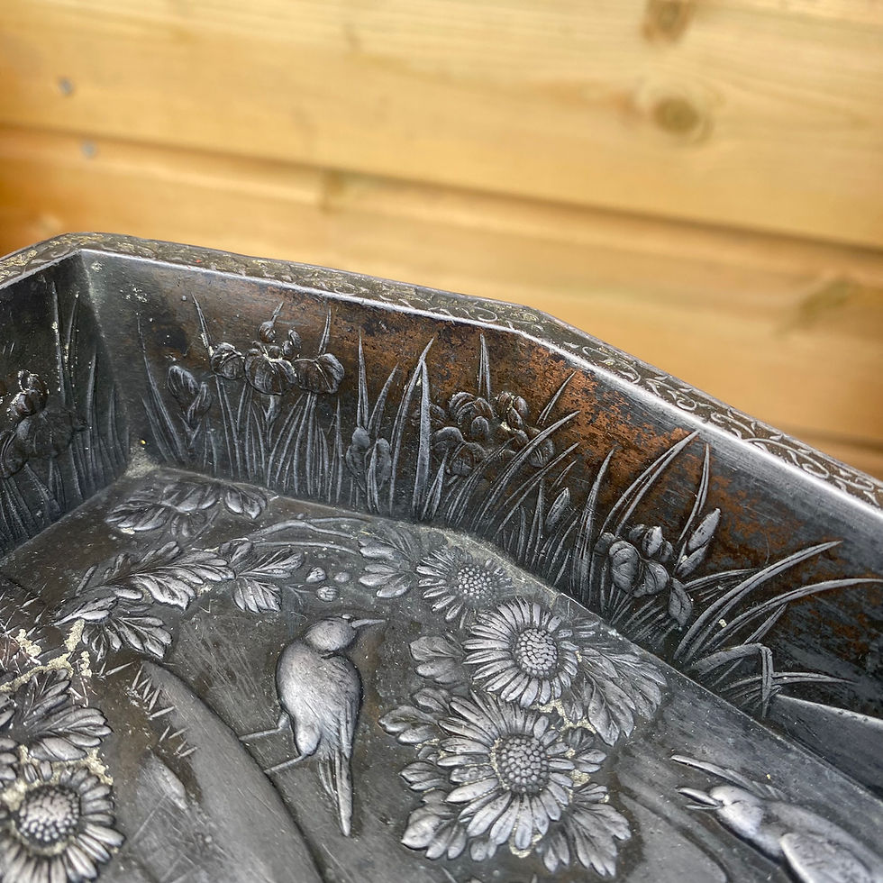 Thumbnail: Antique Japanese Meiji Period Repousse Birds & Iris Metal Pen Brush Tray