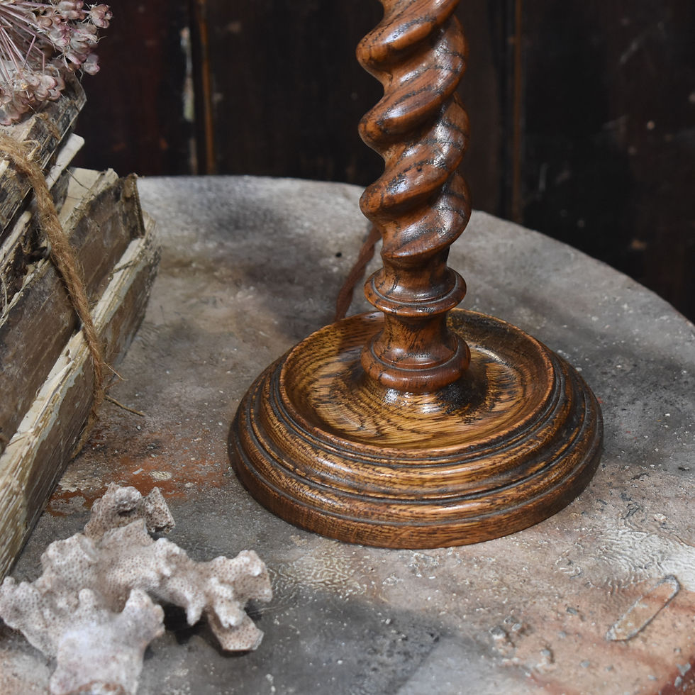 Thumbnail: Antique Table Lamp Early 20th Century English Oak Hand Carved Barley Twist
