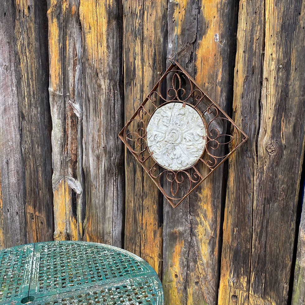 Thumbnail: Vintage Ornate Wrought Iron And Reconstituted Stone Garden Wall Plaque Tile