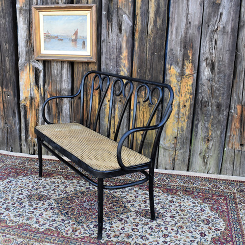 Antique Gerbruder Thonet Bentwood Cane Loveseat Ebonised Bench No