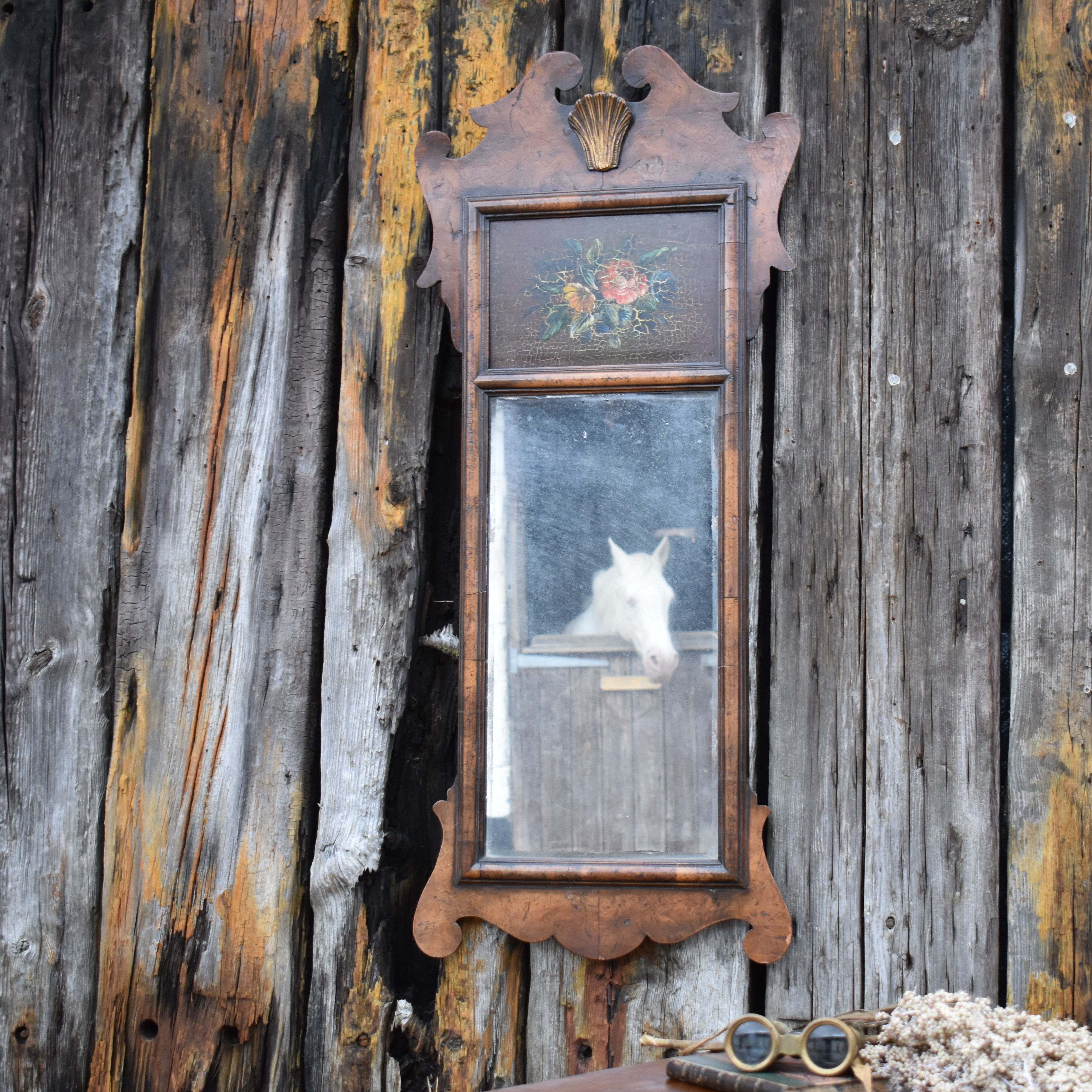 Antique Stunning Regency Hand Painted Flowers Georgian Walnut Fretwork Mirror