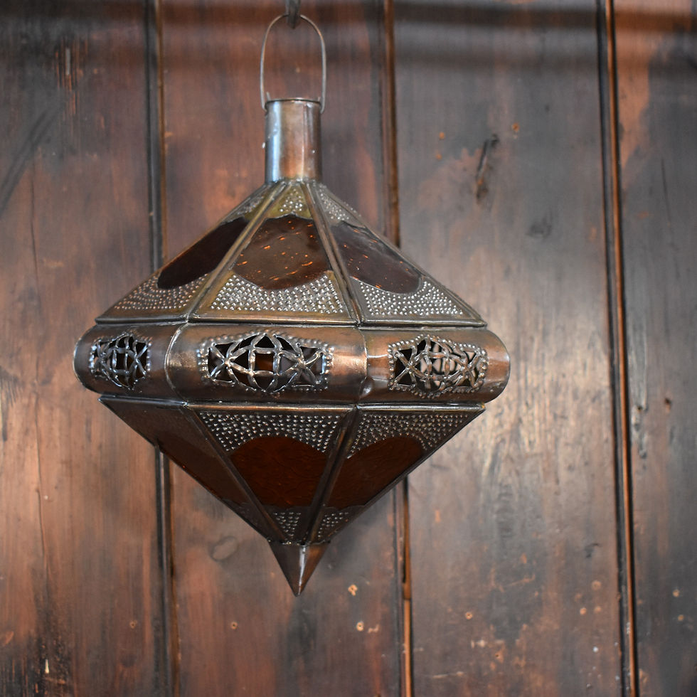 Thumbnail: Vintage Morrocan Repousee Pierced Metal Amber Glass Ceiling Pendant Light