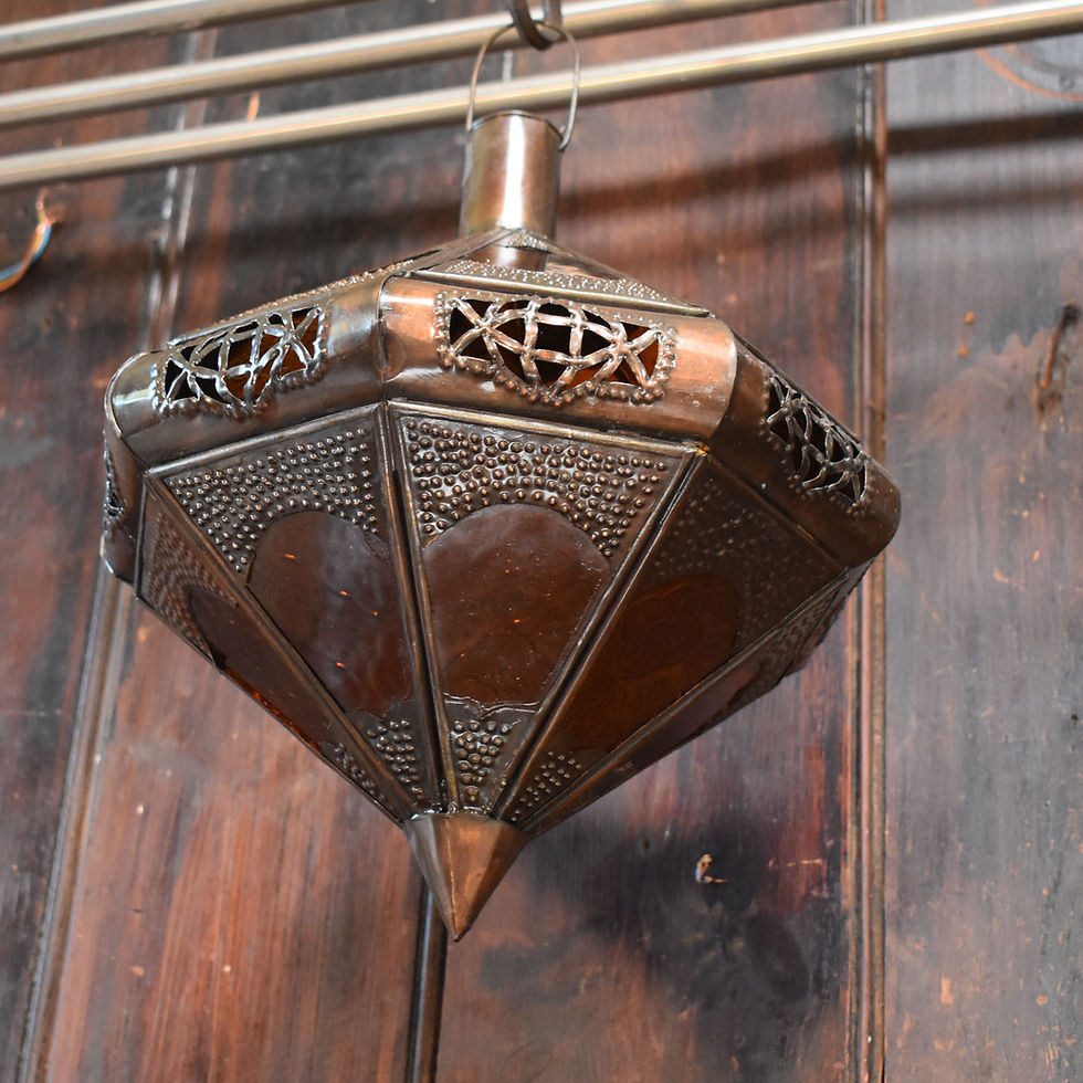 Thumbnail: Vintage Morrocan Repousee Pierced Metal Amber Glass Ceiling Pendant Light
