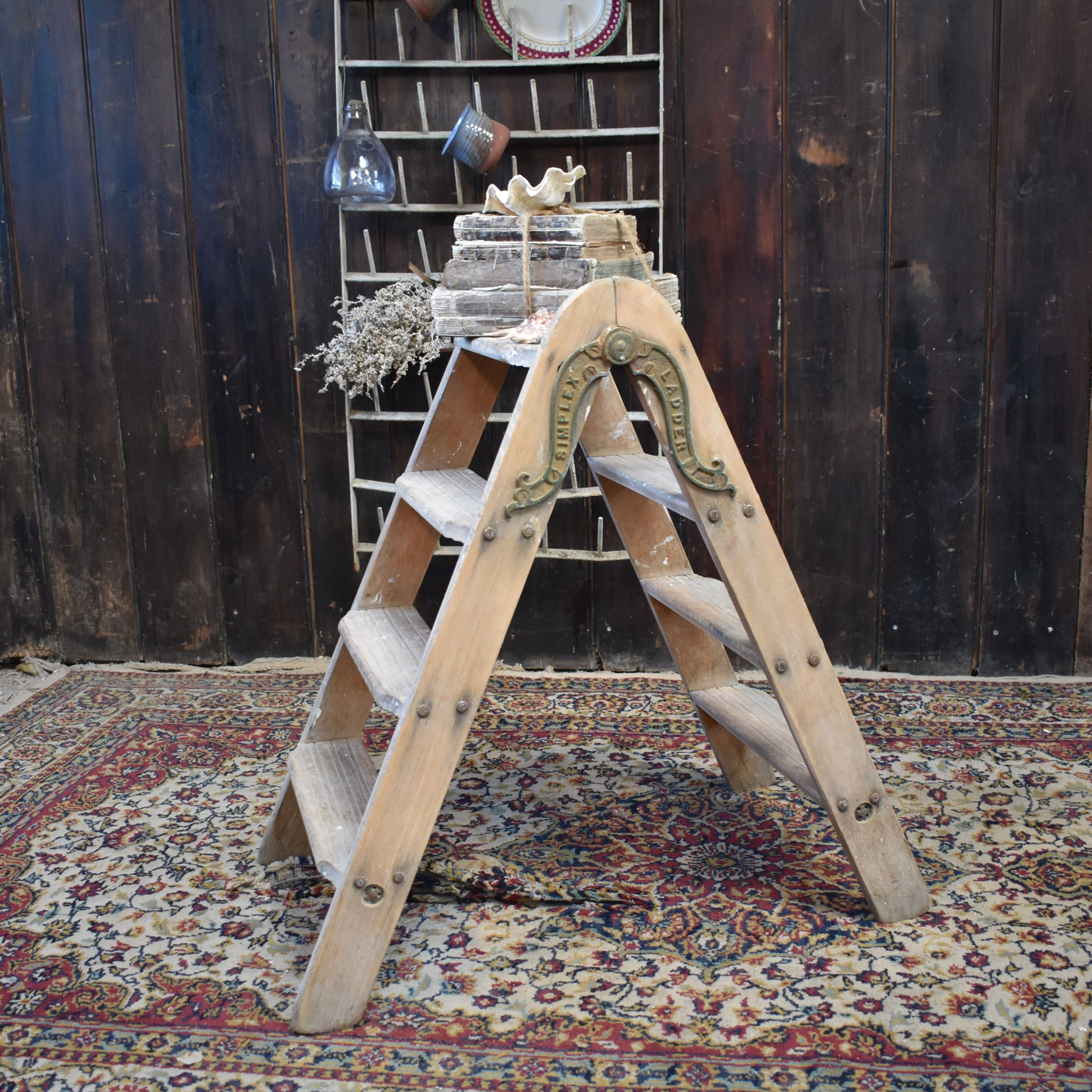 Antique Simplex Folding Shop Vintage Patent Drapers Library Pine Step Ladder