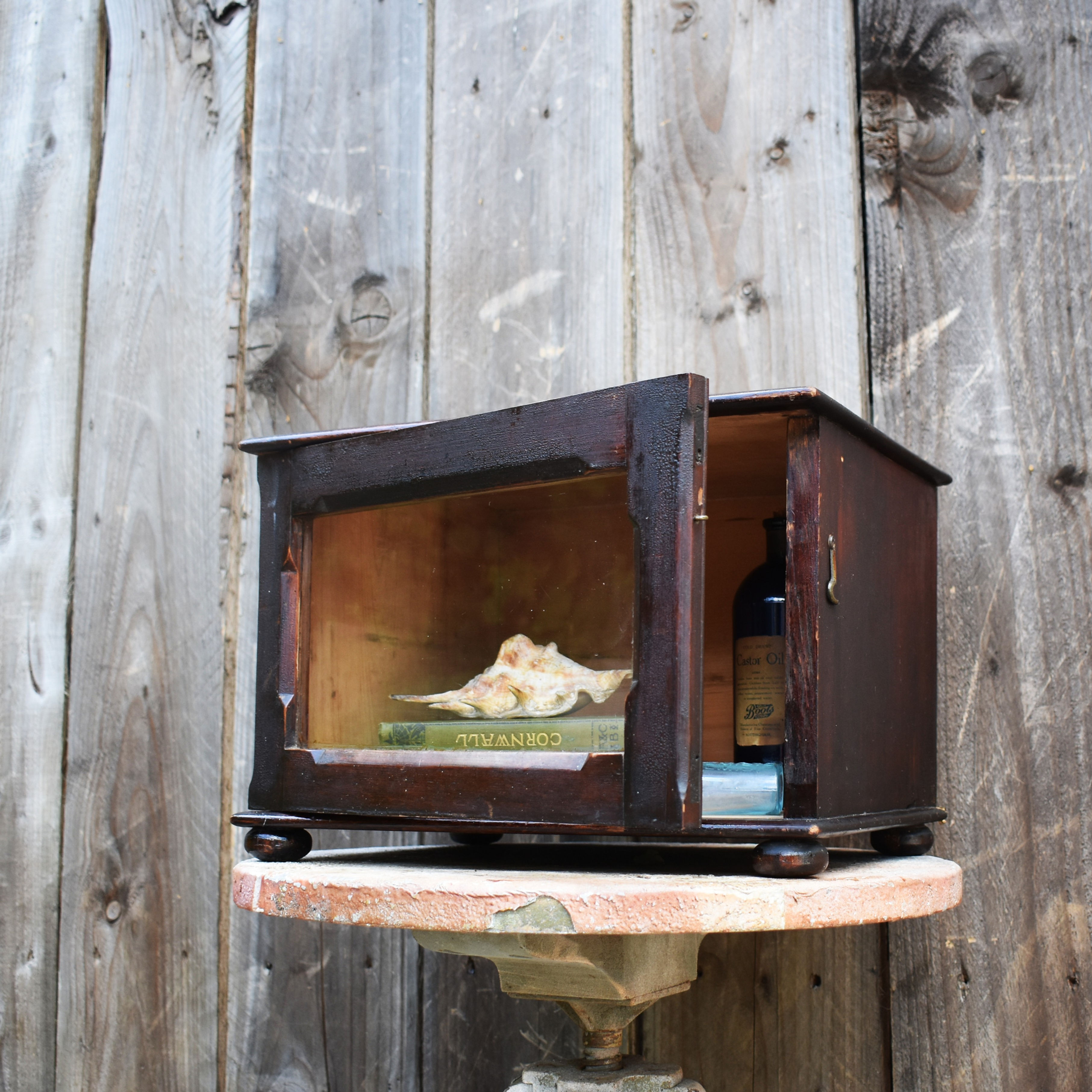 Antique Stained Pine Table Top Statue Keepsake Heirloom Shop Display Cabinet
