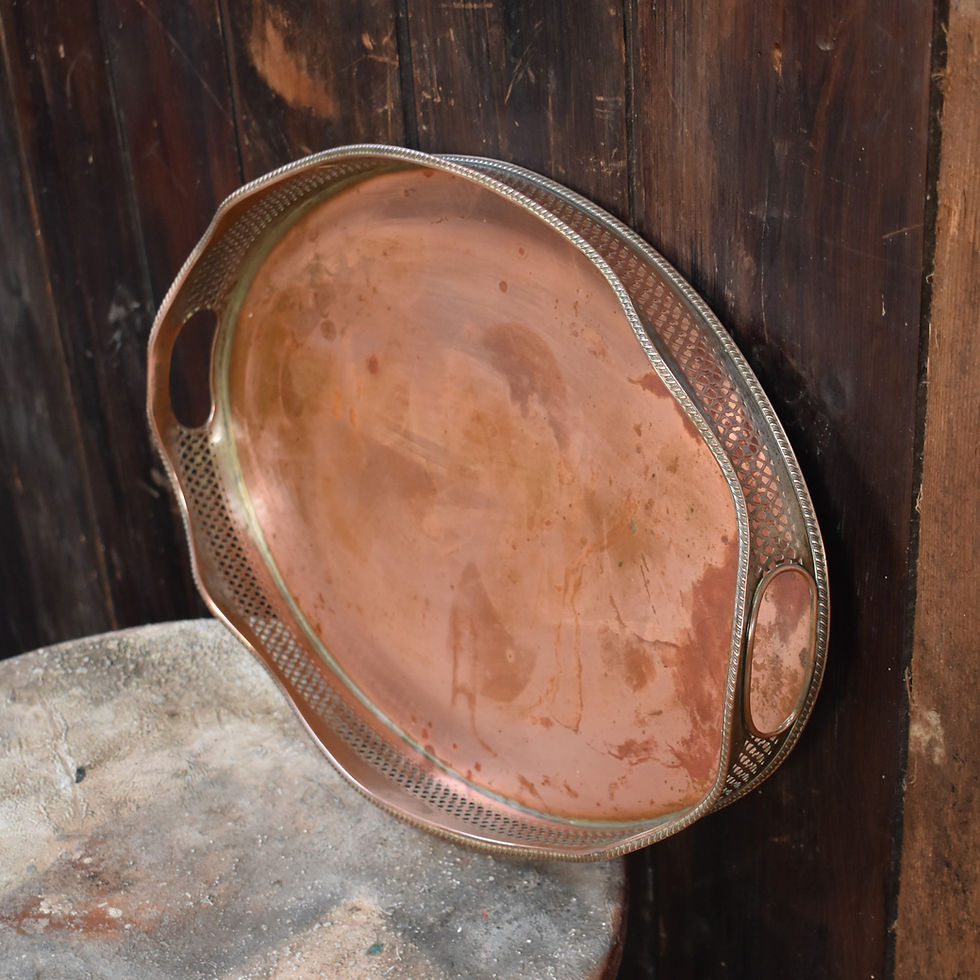 Thumbnail: Antique English Copper and Silver Plate Pierced Gallery Butlers Serving Tray