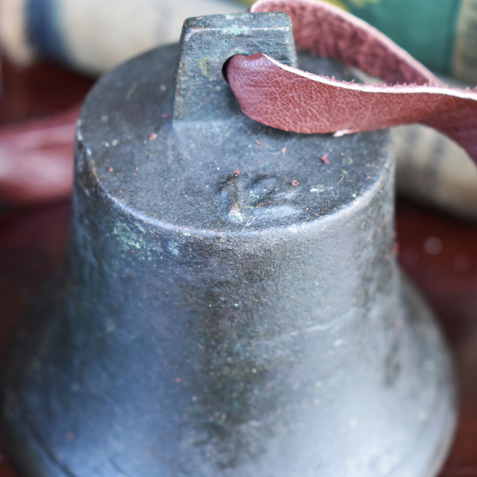 Thumbnail: Antique Victorian Leather Handled Cast Brass Ringing Hand Bells Size 10 & 12