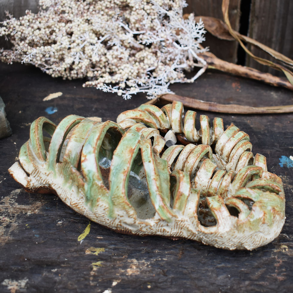 Thumbnail: Vintage Hand Made Rustic Green Glazed Ribbon Studio Pottery Table Sculpture