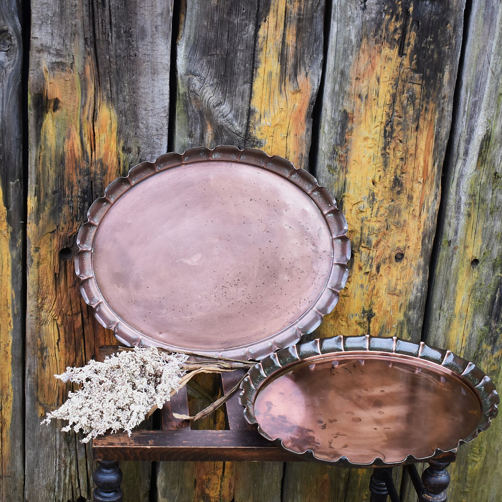Thumbnail: Antique Arts & Crafts Joseph Sankey Hand Beaten Bark Piecrust Copper Tray Pair