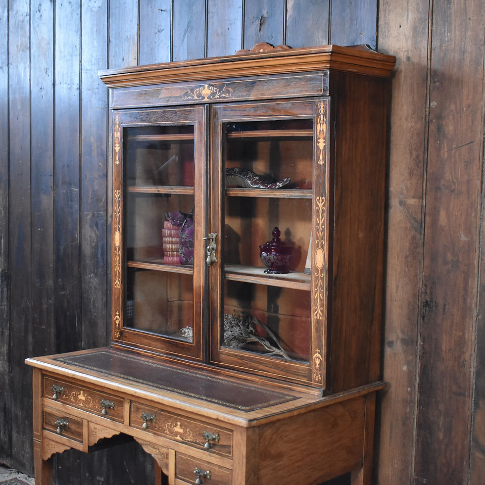 Thumbnail: Antique Exquisite Inlaid Rosewood Satinwood Glazed Bookcase Leather Insert Desk