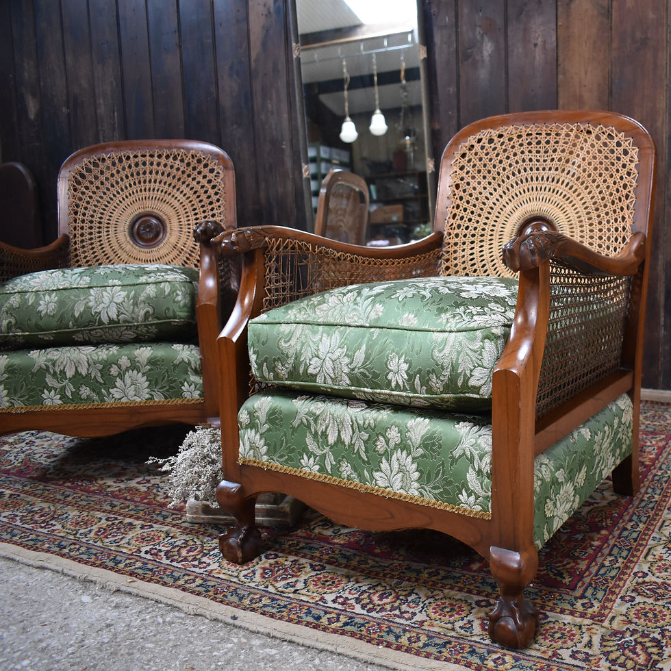 Thumbnail: Antique Walnut Bergere Cane Carved Paw Arms Claw & Ball Foot Armchairs Pair