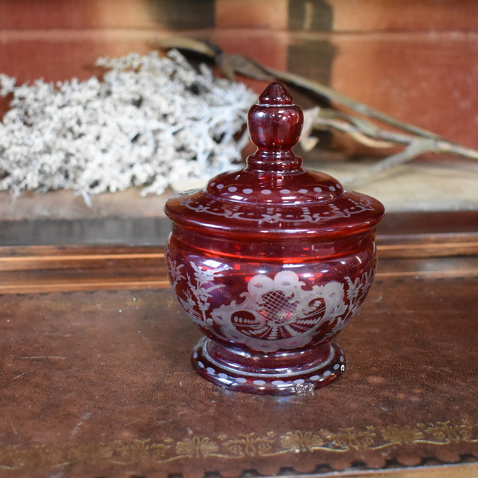 Thumbnail: Vintage Egermann Style Bohemian Glass Cut to Clear Stag Deer Ruby Red Pot & Lid