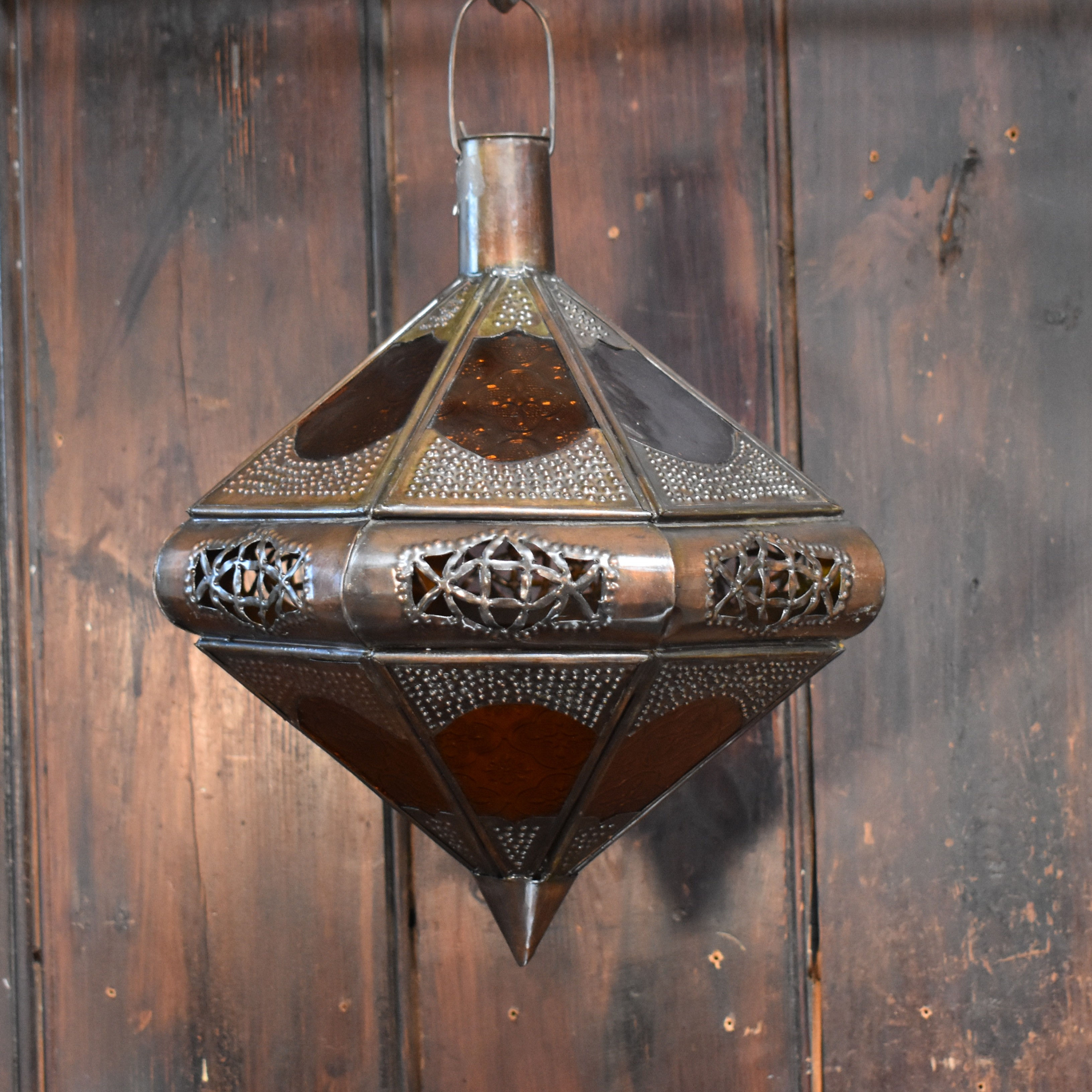 Vintage Morrocan Repousee Pierced Metal Amber Glass Ceiling Pendant Light