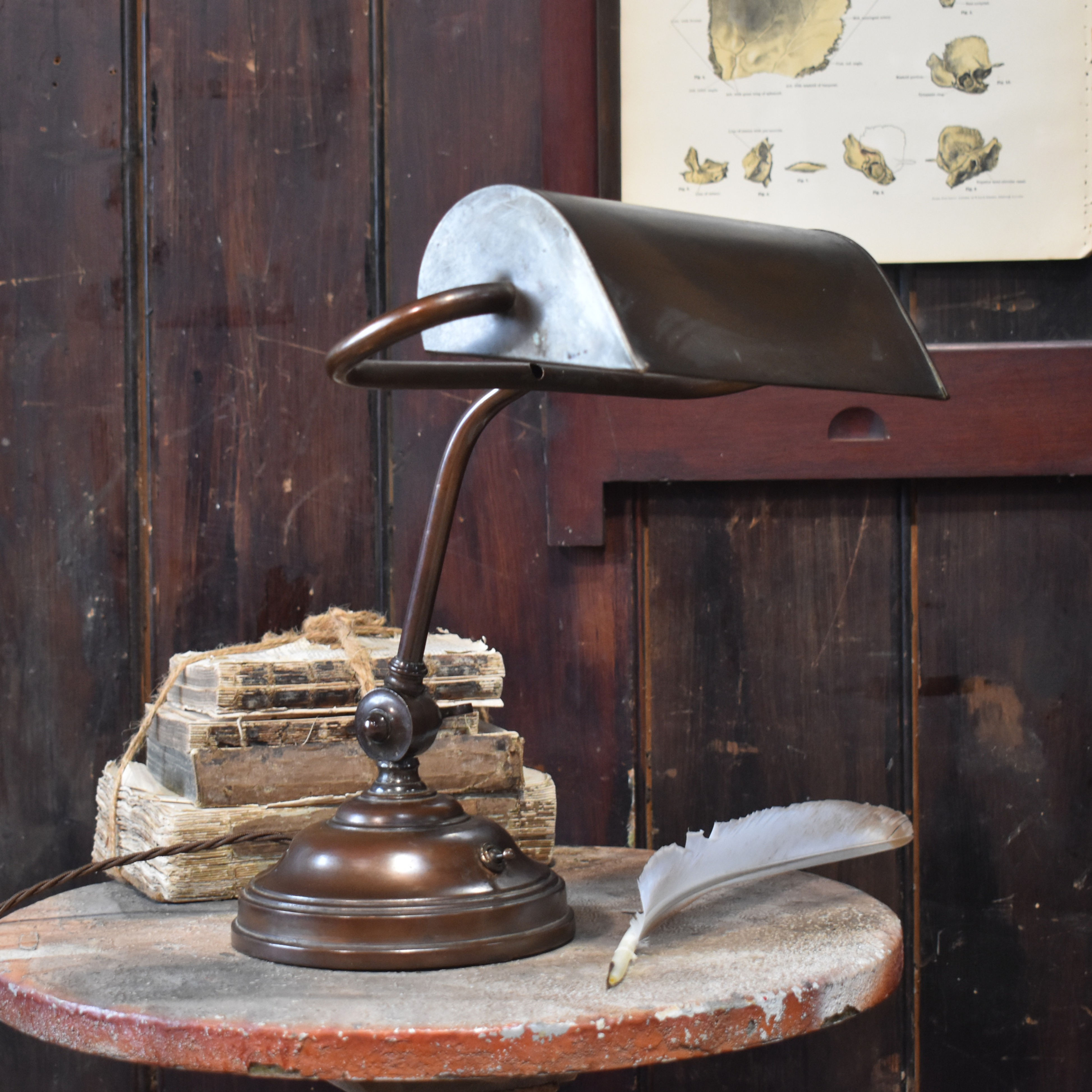 Antique Bankers Desk Lamp 1920s Brass Copper Restored Trough Shade Light Rewired