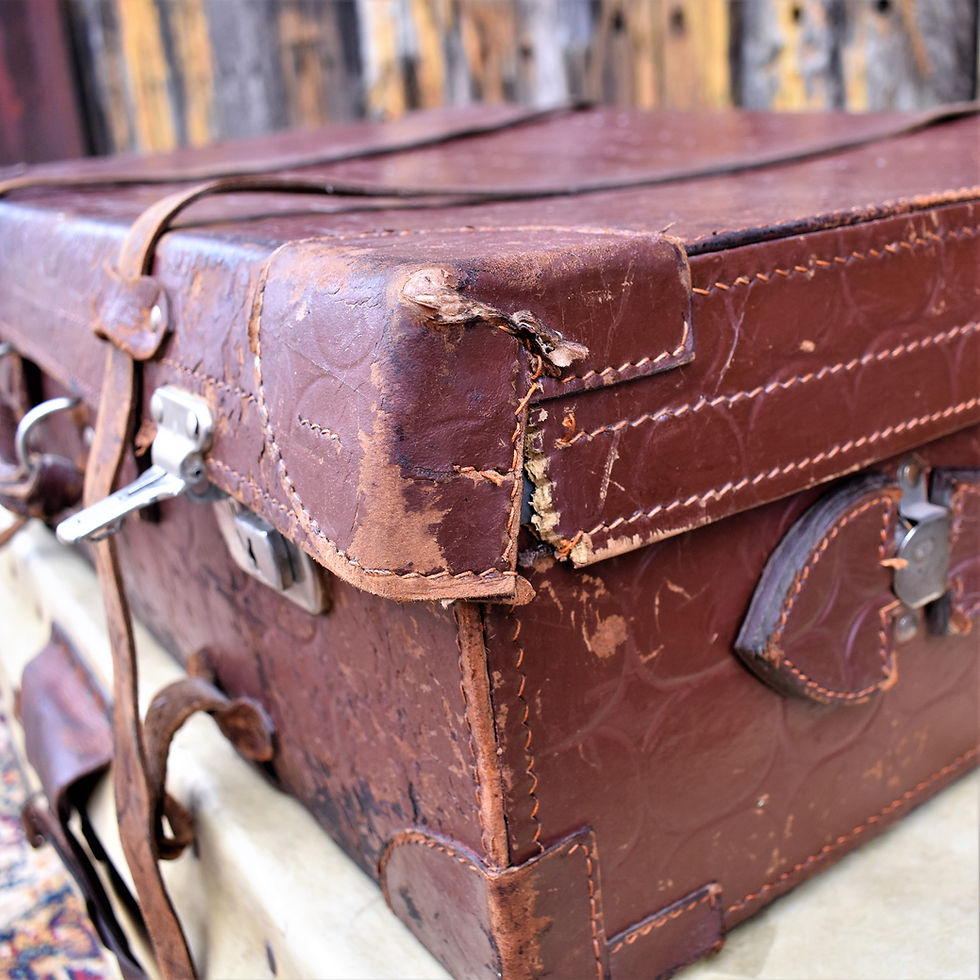 Thumbnail: Antique Vintage Brown Leather Embossed Suitcase Travel Case Display Storage