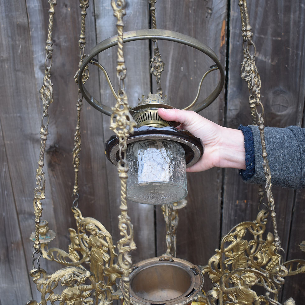 Thumbnail: Antique Art Nouveau Kosmos Brenner Majolica Adjustable Oil Lamp Chandelier