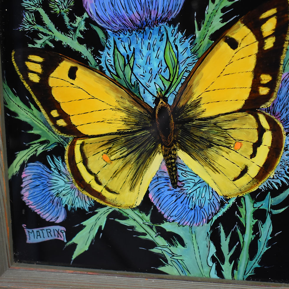 Thumbnail: Vintage Penny Harris Print Butterfly Thistle Painting On Glass Matrix Cornwall