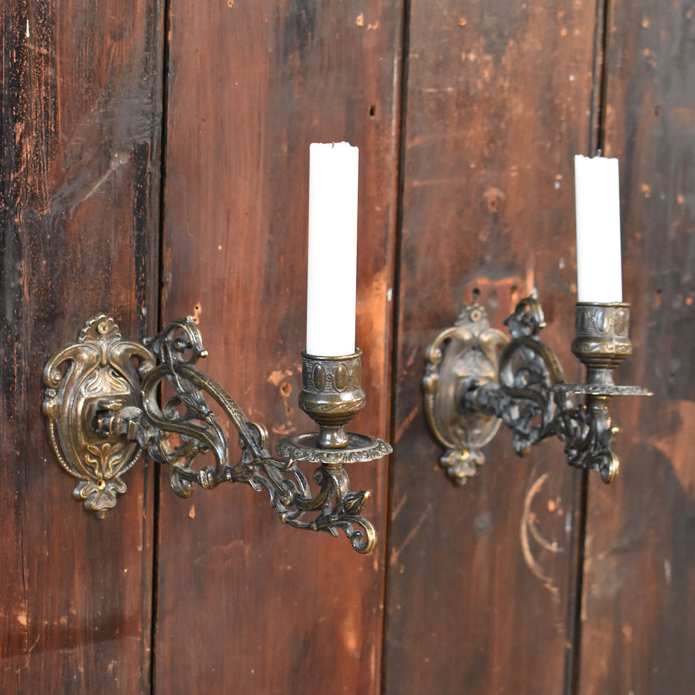 Thumbnail: Antique Ornate Cast Brass Salvaged Piano Candle Sconces Wall Candlesticks Pair