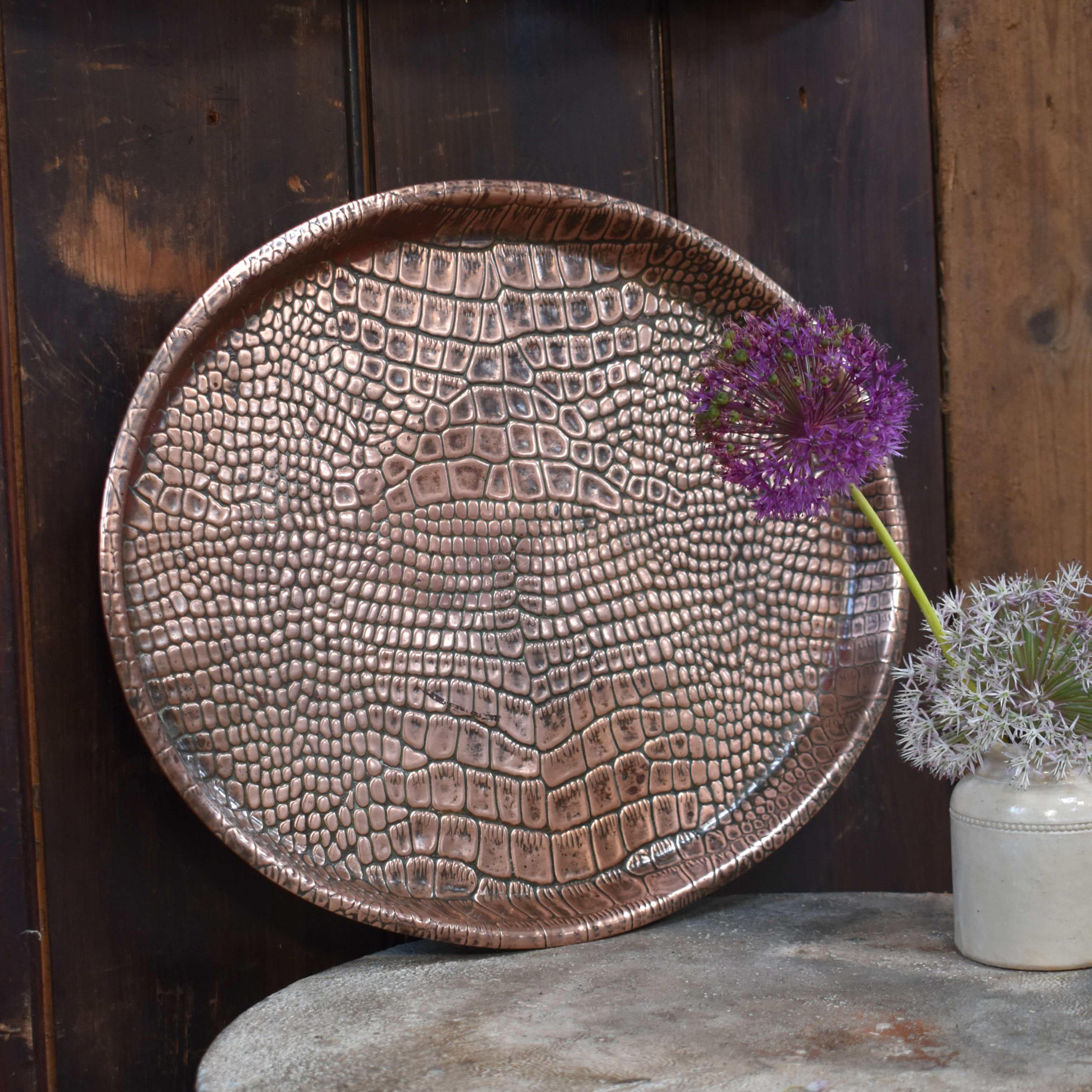 Antique Arts & Crafts Joseph Sankey Repousee Copper Reptile Design Platter Tray