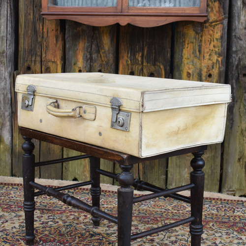 Antique Calfskin Vellum Travel Trunk Suitcase Side Coffee Table Storage