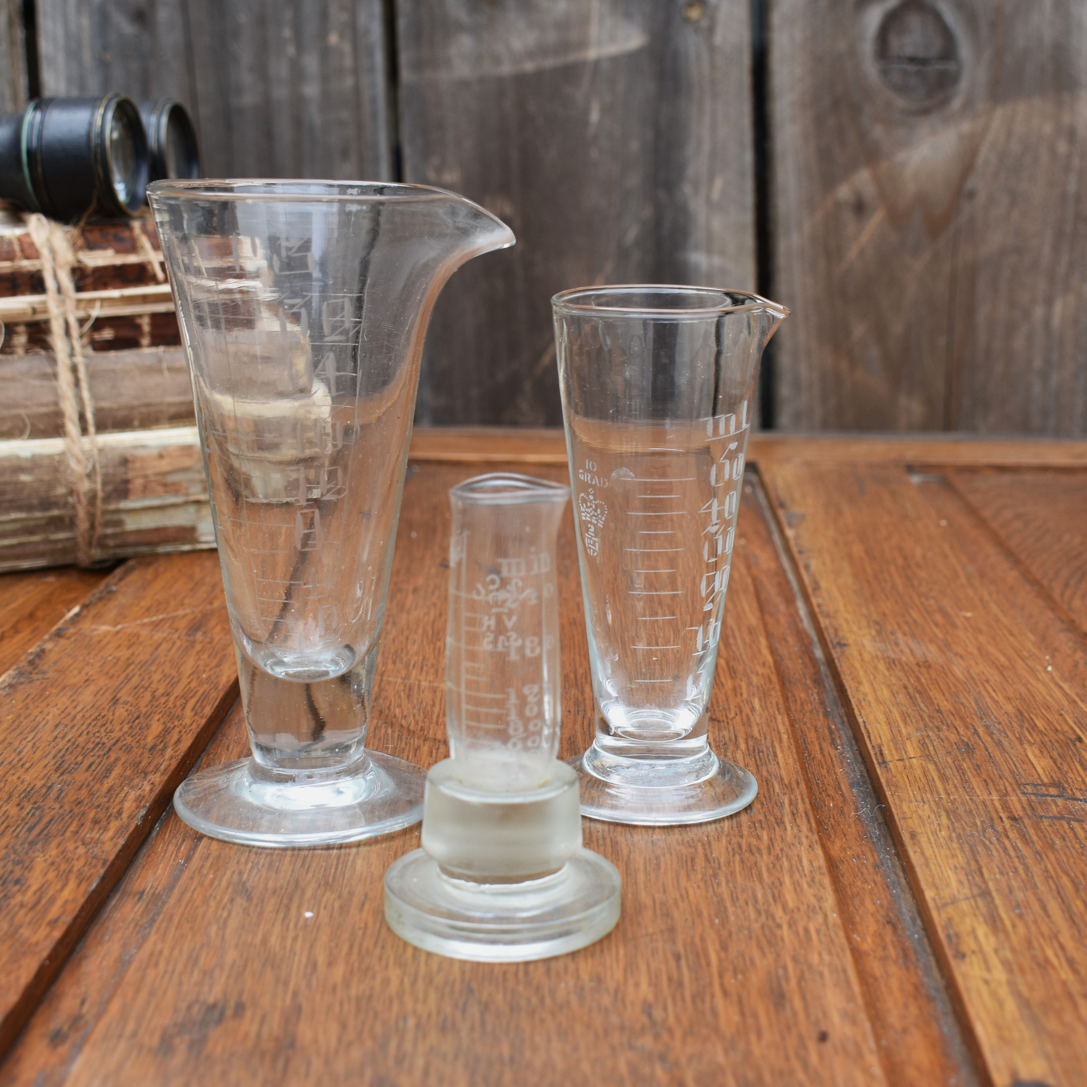 Antique Victorian  Apothecary Hand Etched Measuring Flask Jug Stopper Set of 3