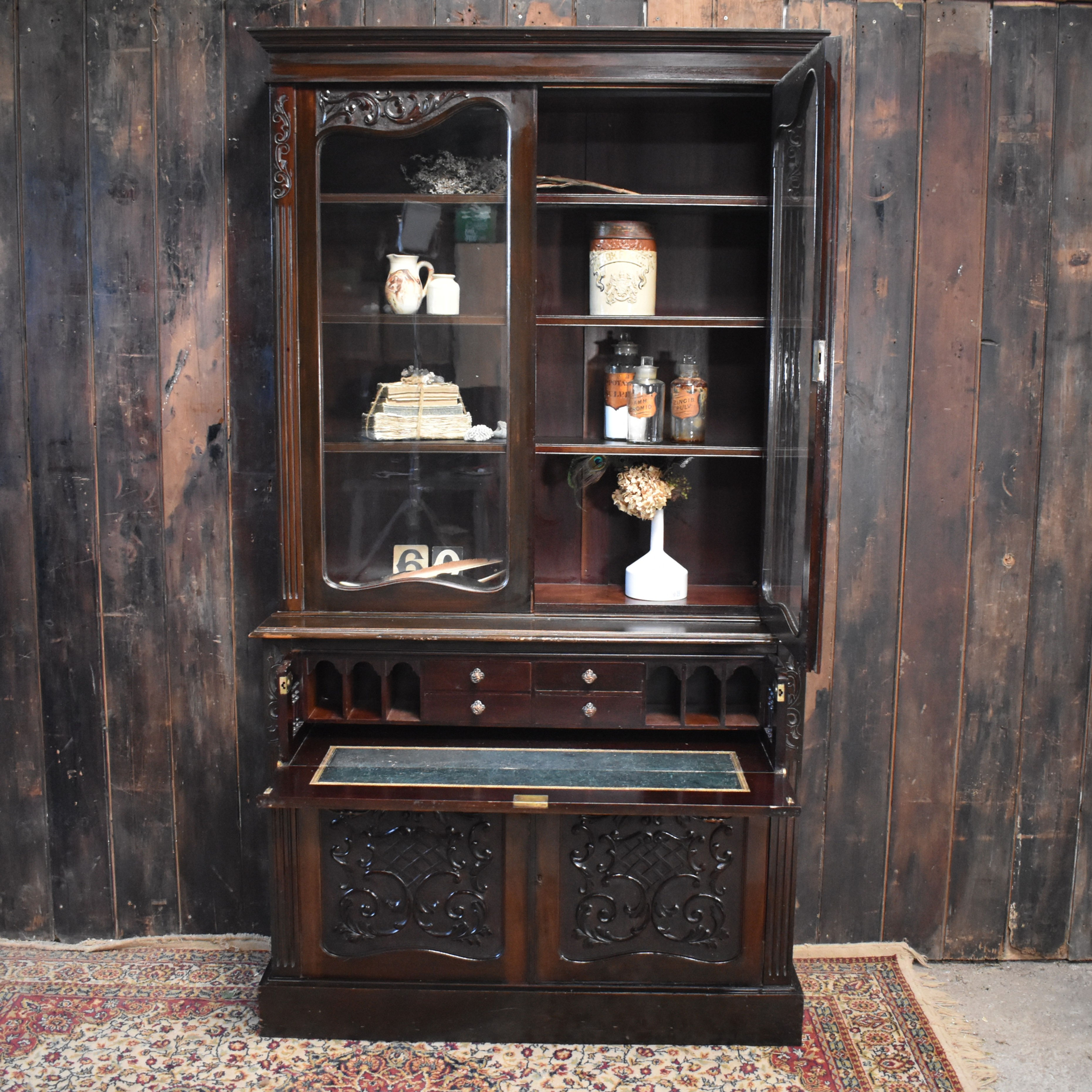Antique Fine Late Victorian Jacobean Revival Mahogany Secretaire Desk Bookcase