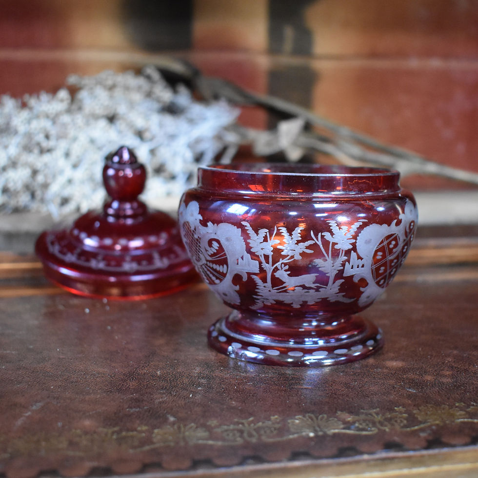 Thumbnail: Vintage Egermann Style Bohemian Glass Cut to Clear Stag Deer Ruby Red Pot & Lid