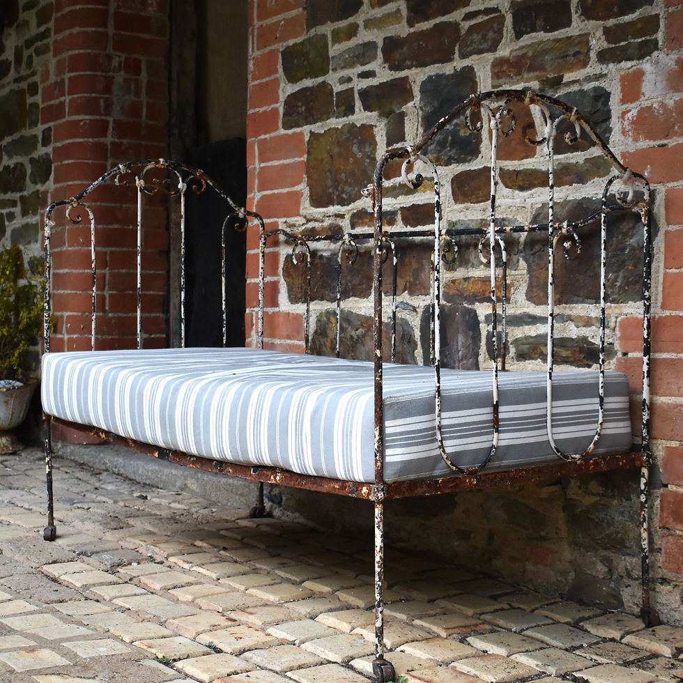Thumbnail: Antique French Wrought Iron White Chippy Paint Day Bed Cot Garden Bench Seat