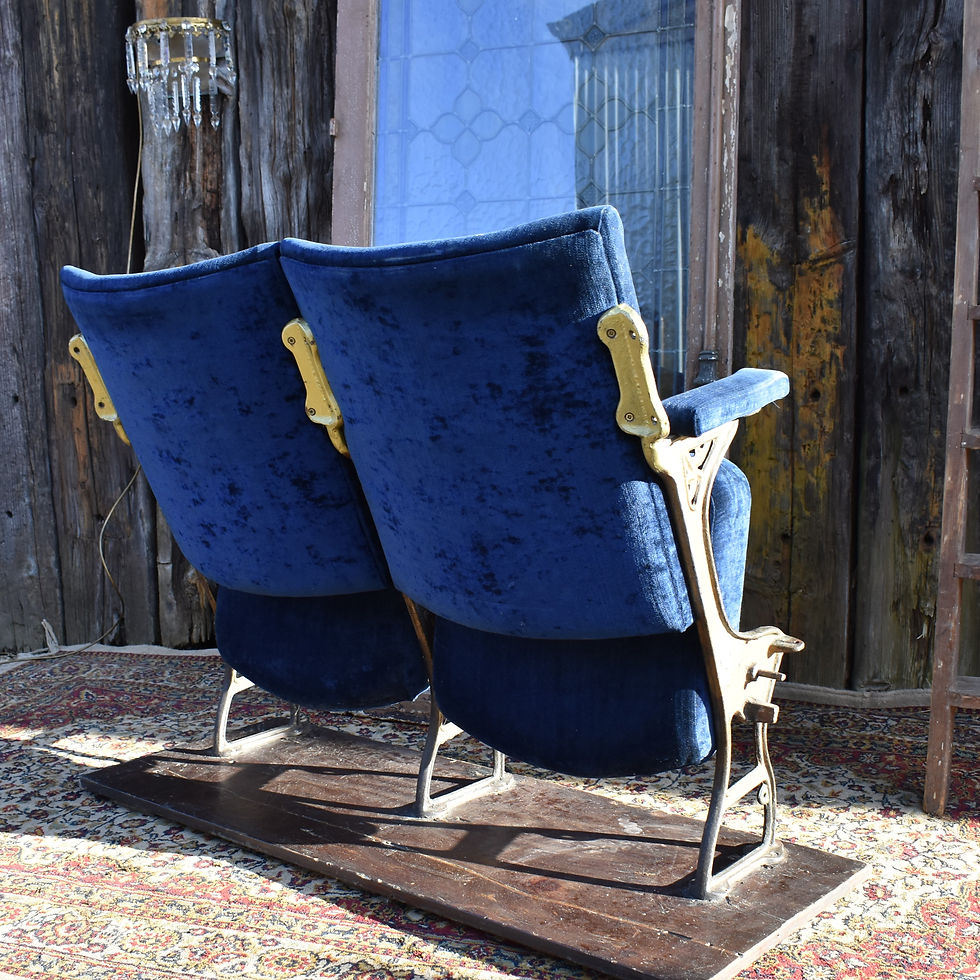 Thumbnail: Antique Original Cast Iron Blue Velvet Cinema Theatre Seats Flip Down Chair Pair