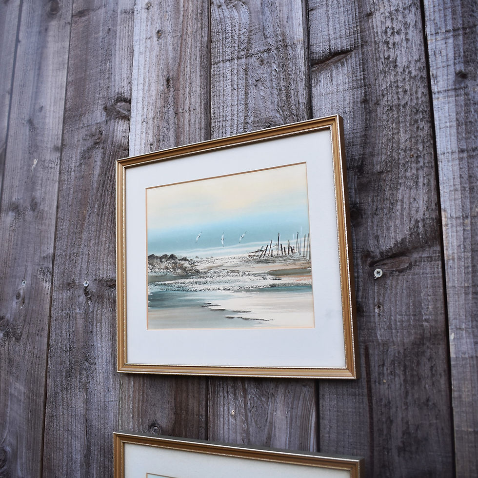 Thumbnail: Vintage J. Marn Blue Seascape Costal Sailboat Seagulls Watercolour Signed Pair