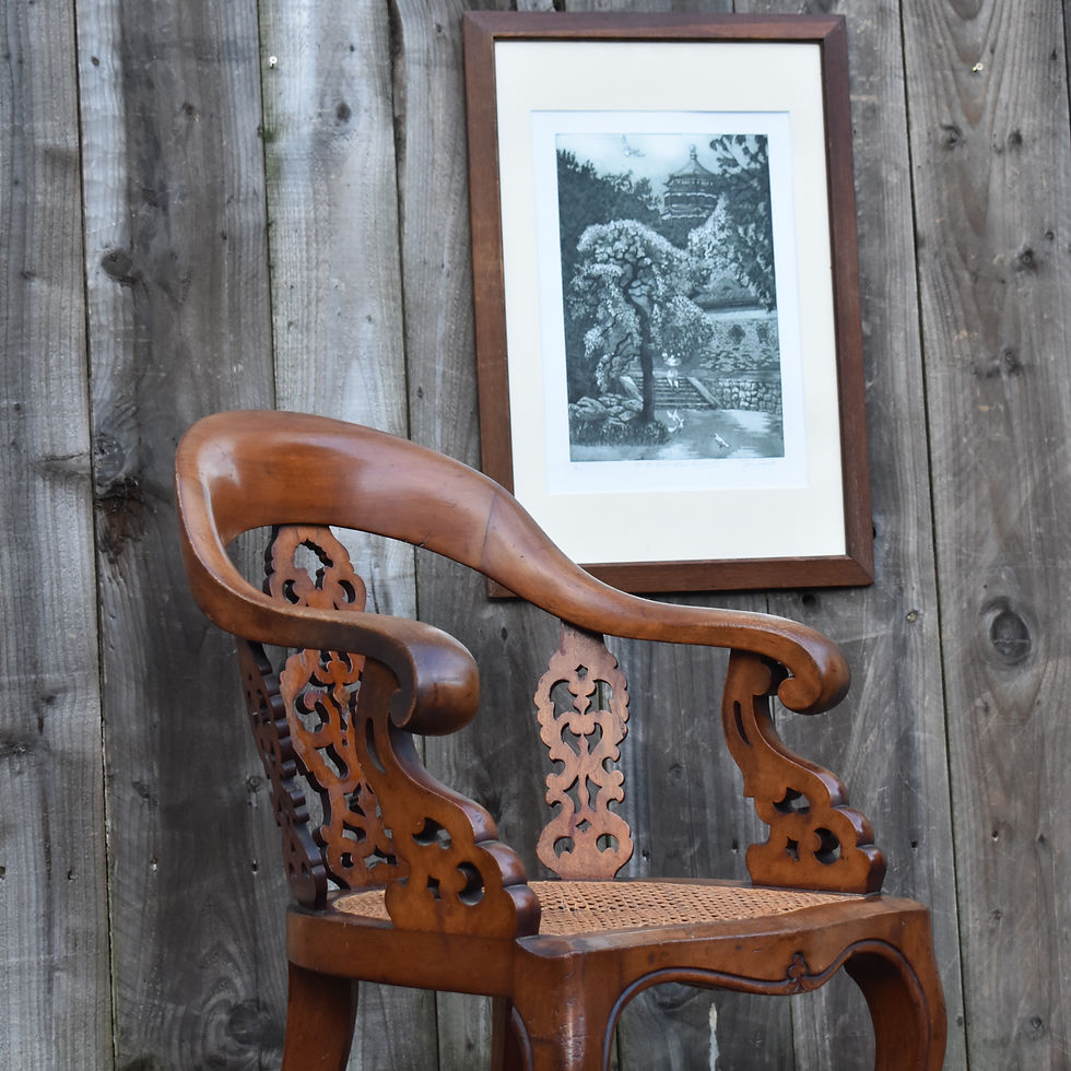 Thumbnail: Antique Regency Fine Walnut and Mahogany Library Desk Cane Open Arm Chair