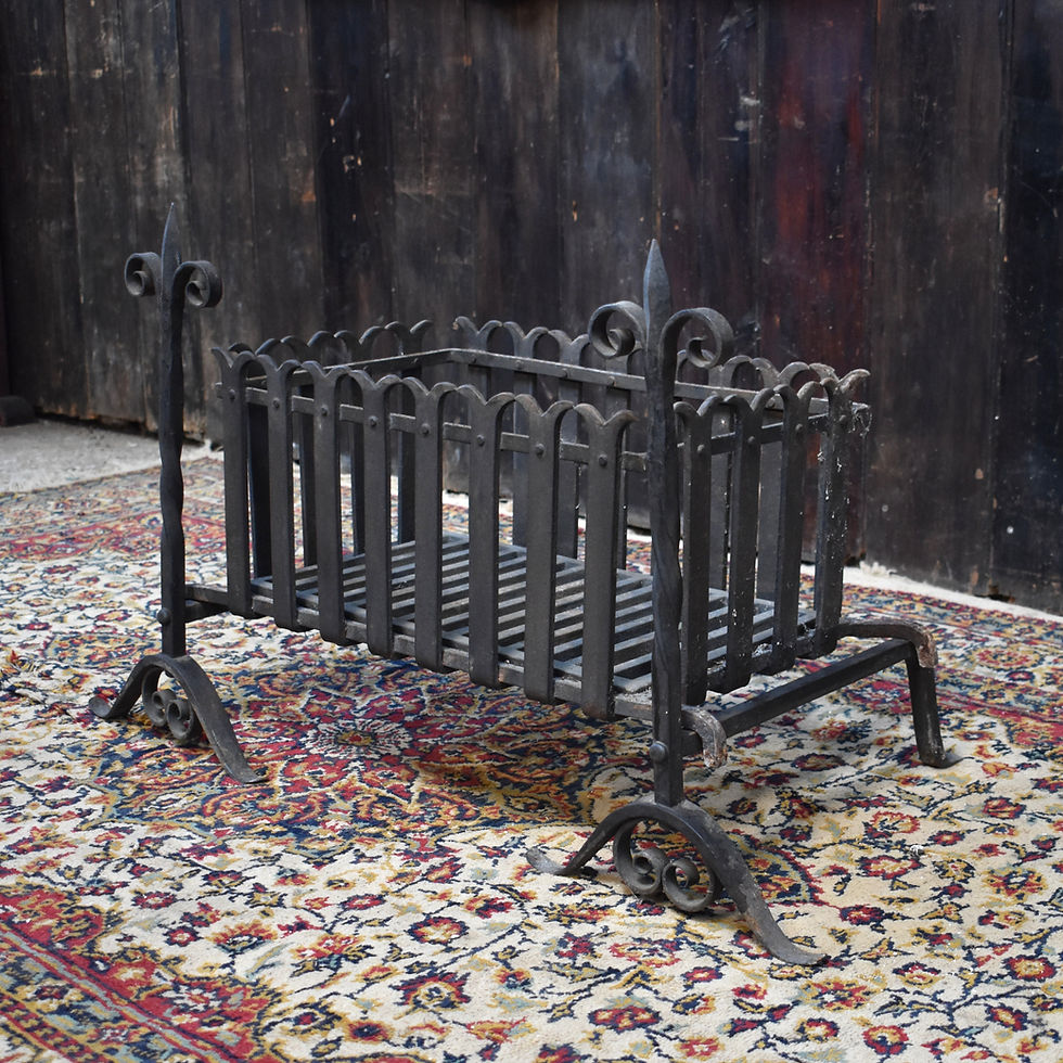 Thumbnail: Antique Blacksmith Hand Forged Fleur De Lys Wrought Iron Fire Pit Basket Dogs