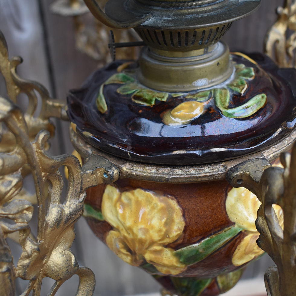 Thumbnail: Antique Art Nouveau Kosmos Brenner Majolica Adjustable Oil Lamp Chandelier
