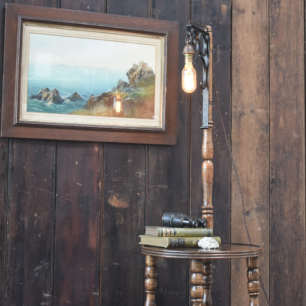 Thumbnail: Antique Reading Knitting Table English Turned Oak Craft Store Side Lamp Light