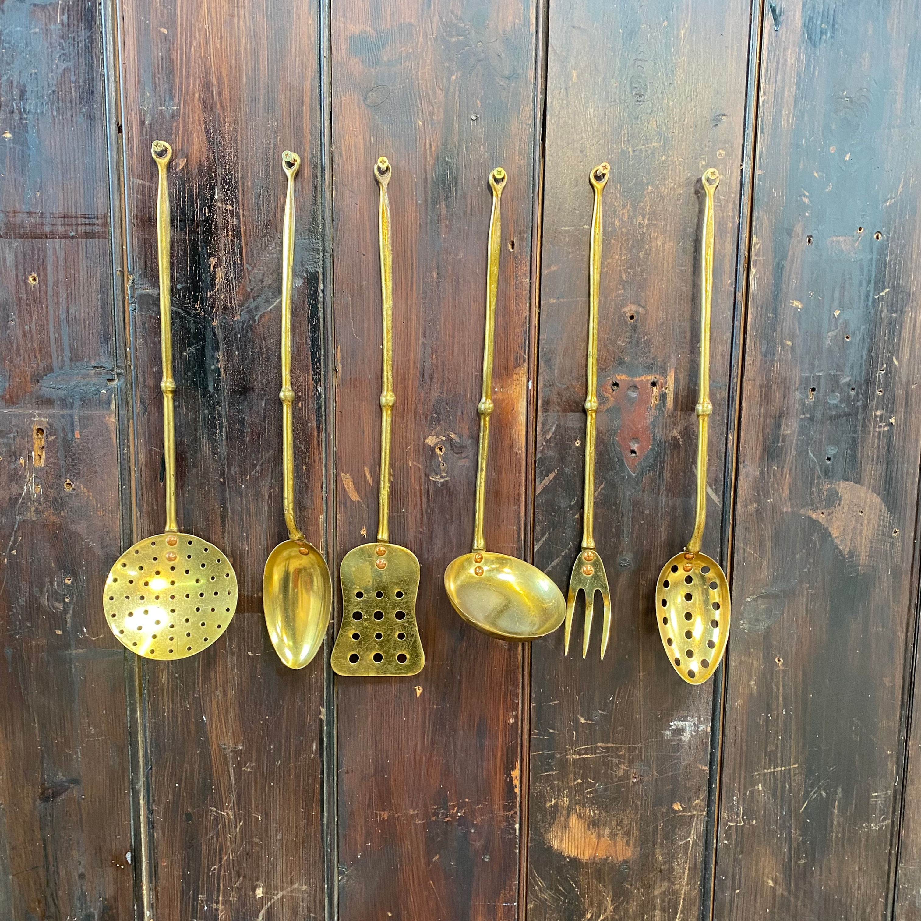 Vintage Kitchenalia Brass Faux Bamboo kitchen Utensils Serving Spoons Set of 6